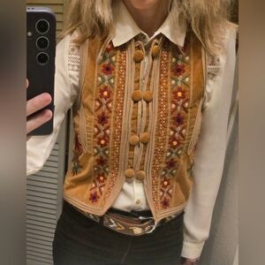 Vintage 70's Embroidered Tan Vest with Floral Design Christmas Vest